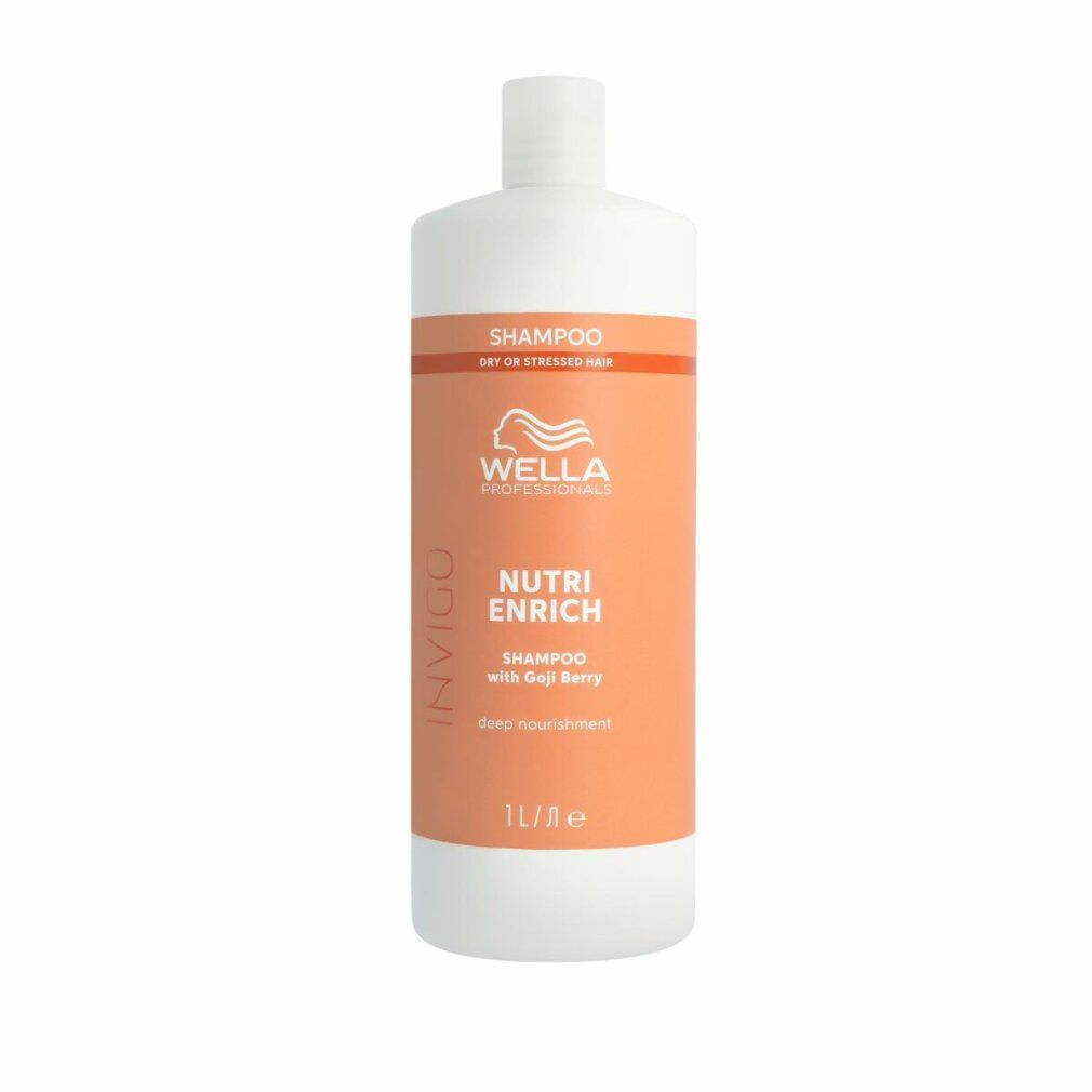 Weiß-orangefarbene Shampoo-Flasche. Aufschrift: Wella Invigo Nutri Enrich, Shampoo mit Goji-Beere. 1L.