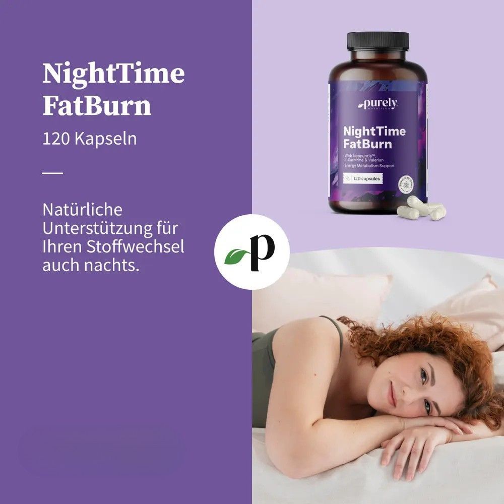 Produktabbildung: Flasche NightTime FatBurn. Daneben Frau im Bett. Text: Natürliche Unterstützung für Ihren Stoffwechsel auch nachts.