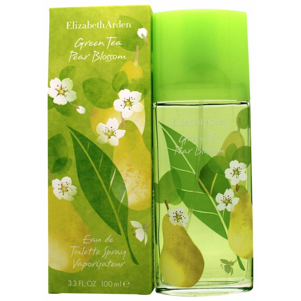 Rechteckiger Flakon und Schachtel mit floralem Design. Aufschrift: Elizabeth Arden Green Tea Pear Blossom. Eau de Toilette Spray.