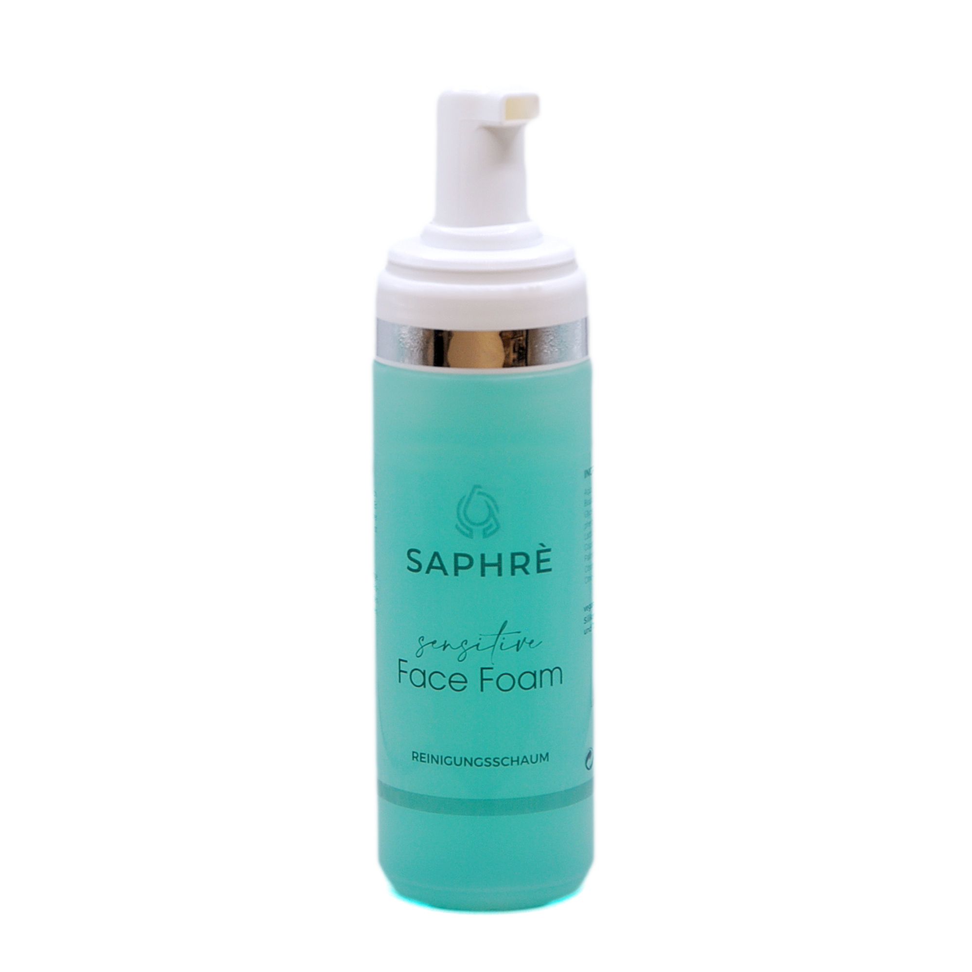 Türkisfarbene Flasche mit weißem Pumpkopf. Aufschrift: Saphre Sensitive Face Foam. Reinigungschaum.