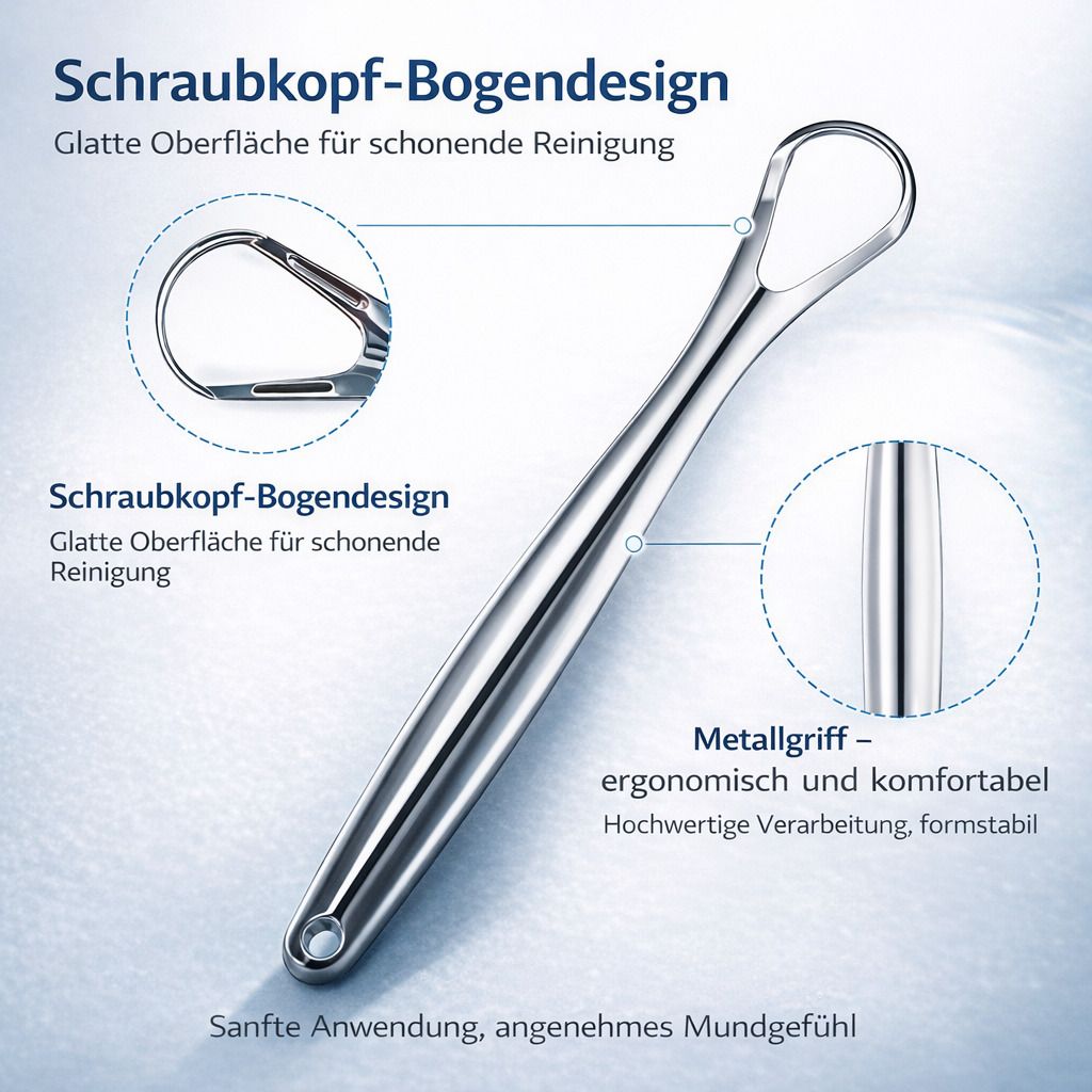 Zungenschaber mit Schraubkopf-Bogendesign. Metallgriff, ergonomisch und komfortabel.