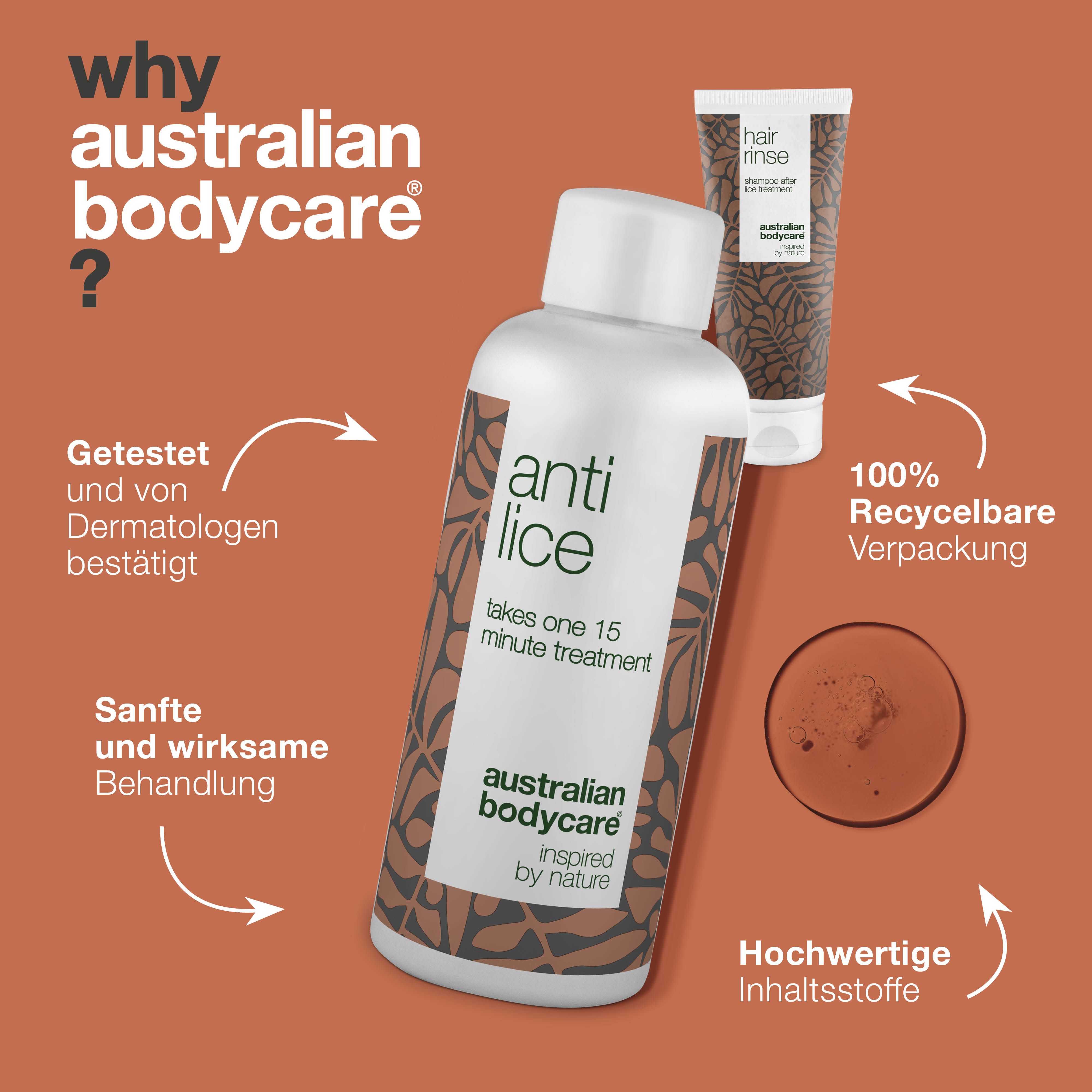 Diagramm: Warum Australian Bodycare? Produkte "Anti Lice" und "Hair Rinse".