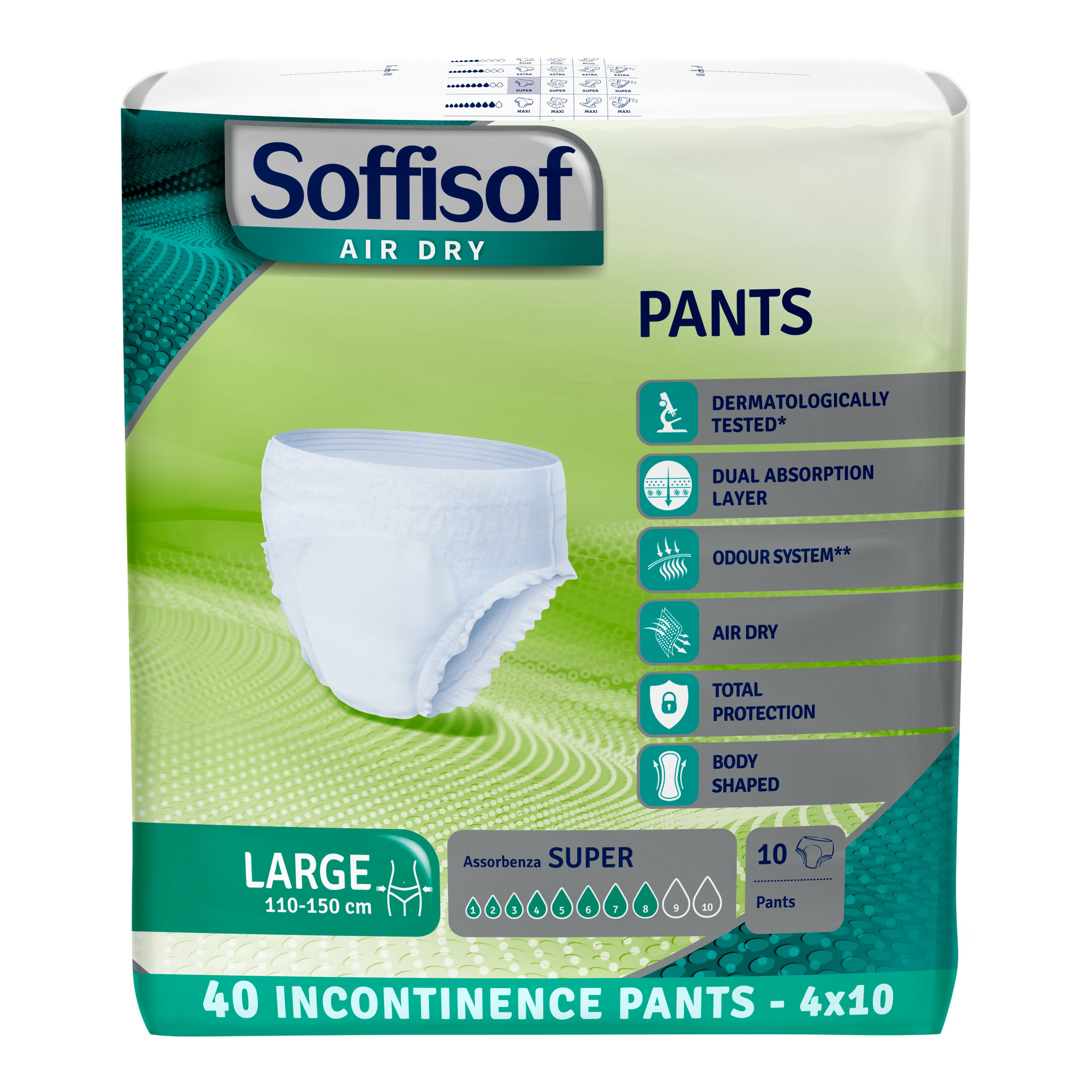 Soffisof Air Dry Pants, maat L, 110-150 cm, Super absorptie, 40 stuks. Productverpakking met productafbeelding en kenmerken.