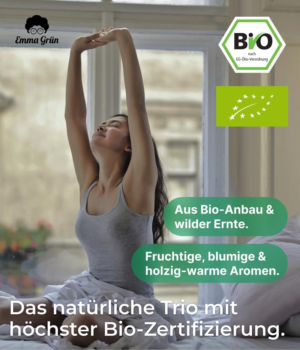 Frau im Bett, Arme über dem Kopf. Text: Aus Bio-Anbau & wilder Ernte. Fruchtige, blumige & holzig-warme Aromen. Bio-Zertifizierung.