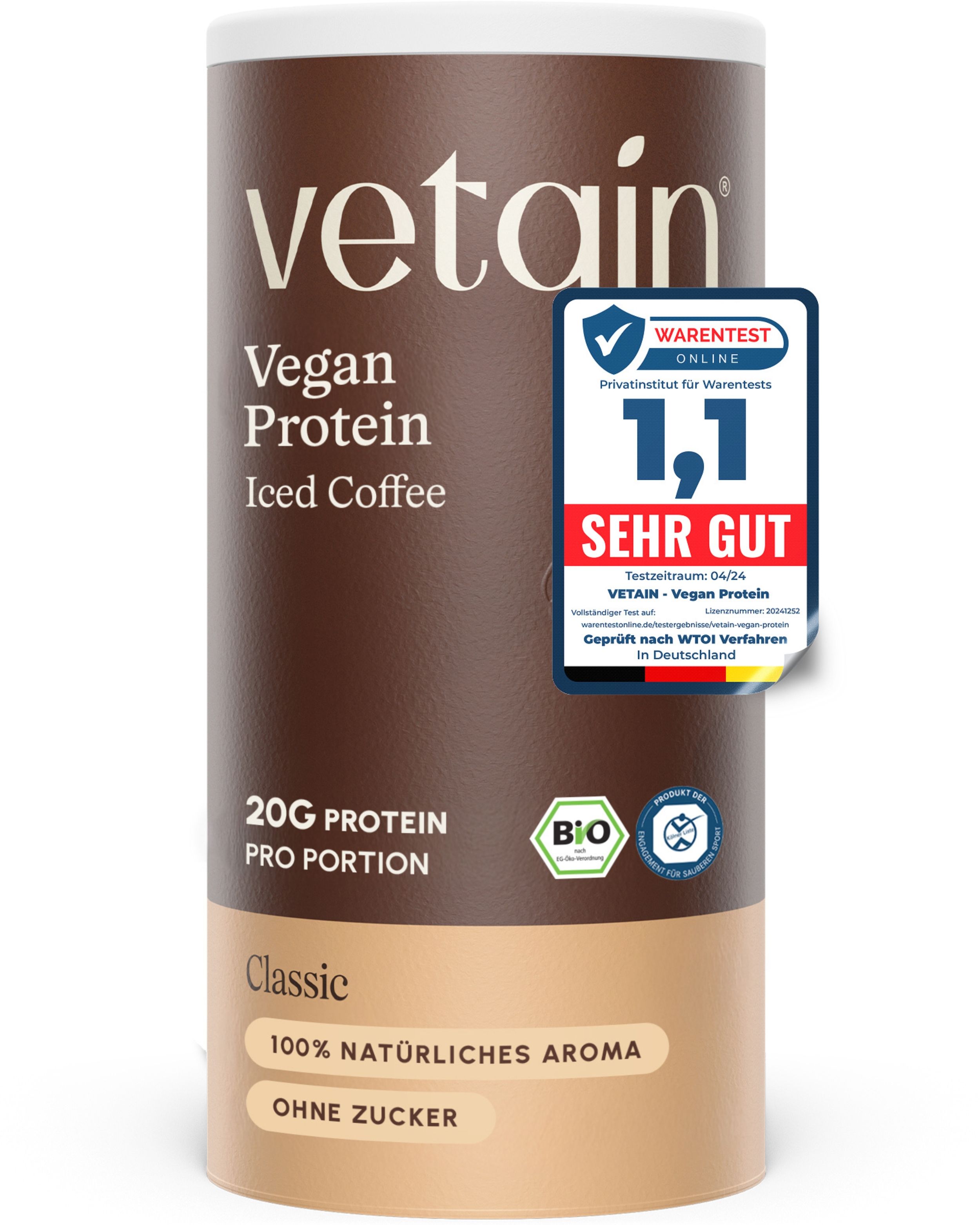 VETAIN Vegan Protein Iced Coffee Dose mit 20g Protein pro Portion und Bio-Siegel.