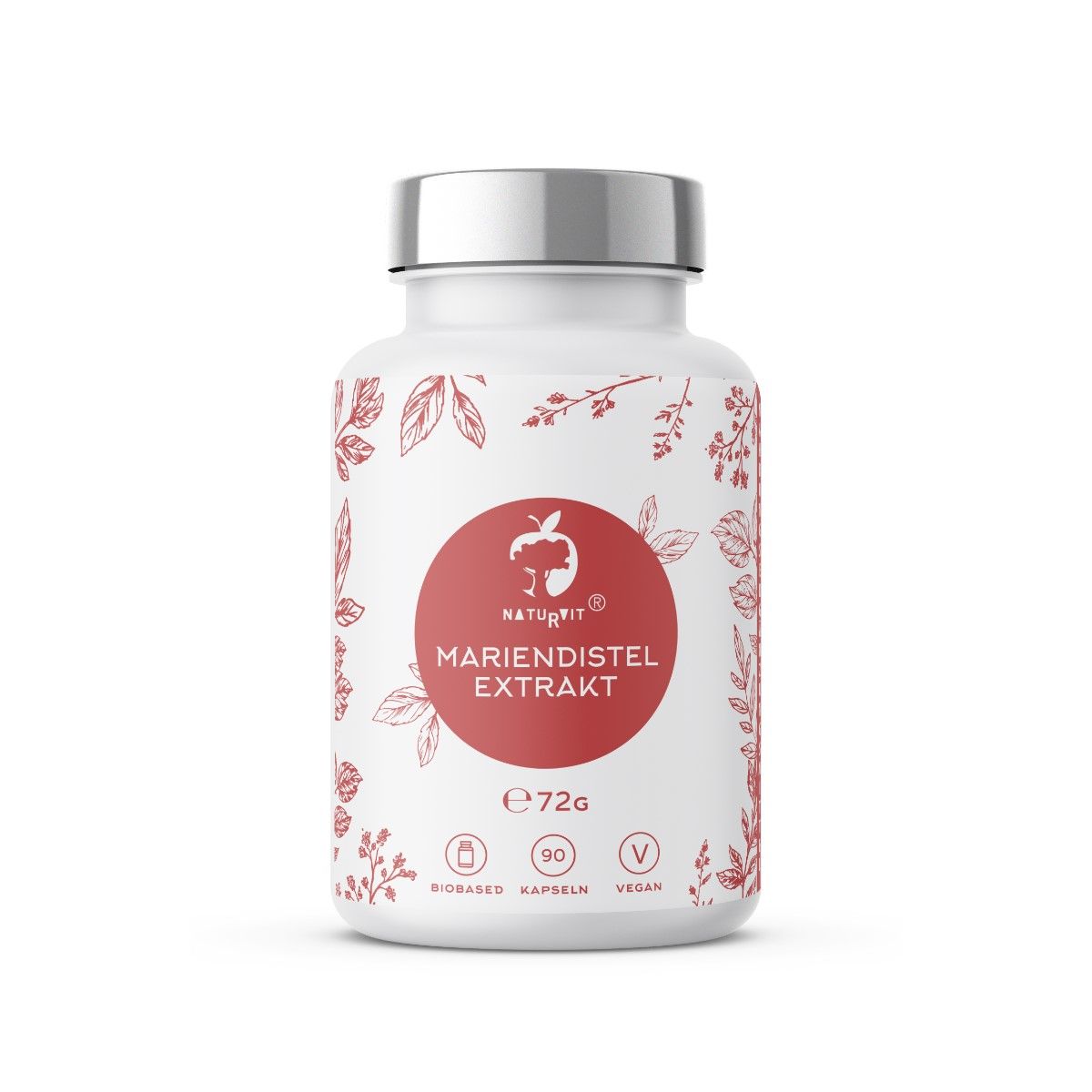 Weiße Flasche mit rotem Etikett. Aufschrift: Mariendistel Extrakt. Roter Kreis mit Apfel-Logo. 90 Kapseln, vegan.