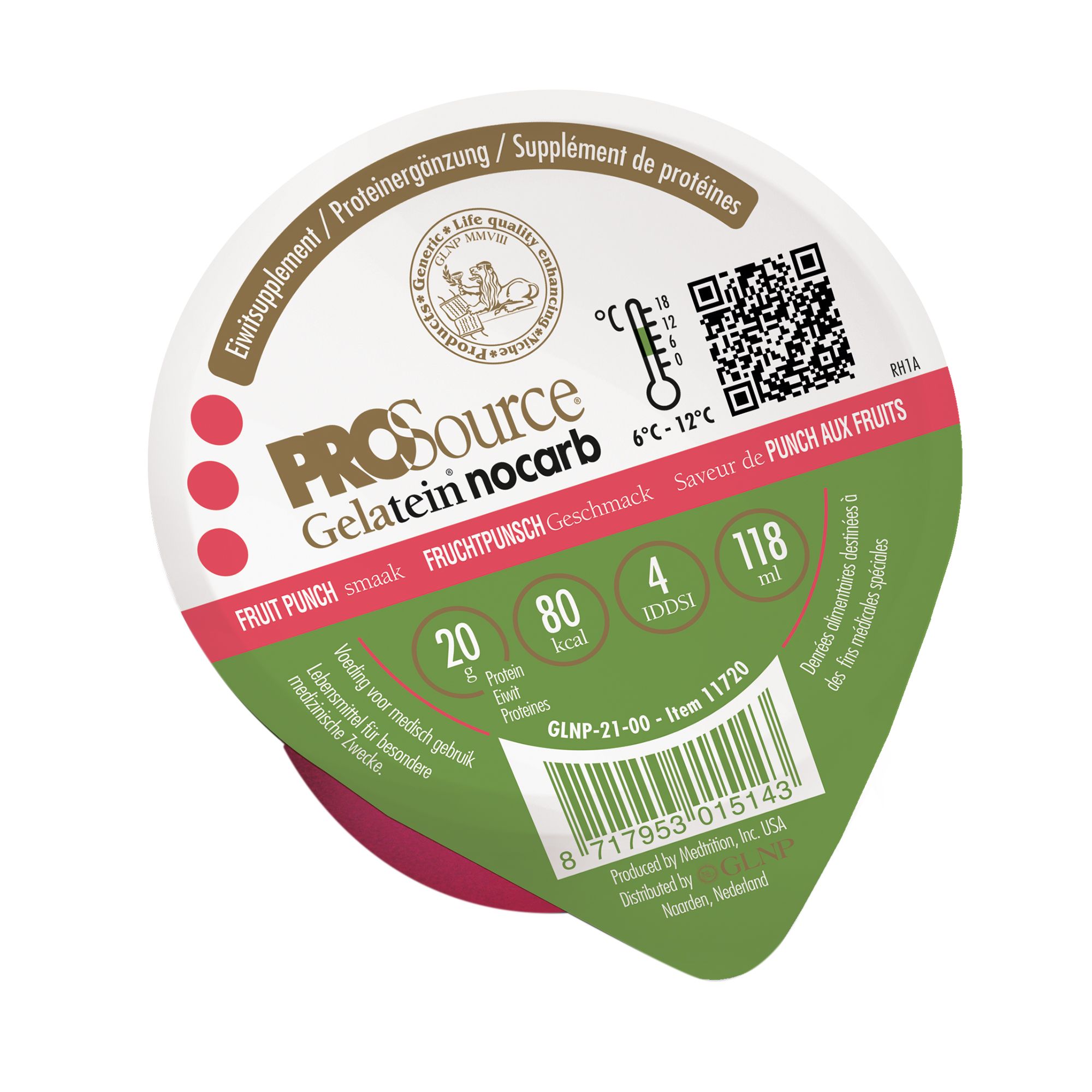 PROSource Gelatein NoCarb, Fruchtgeschmack, in Becher. Nährwertangaben und Produktbezeichnungen sichtbar. Temperaturanzeige.