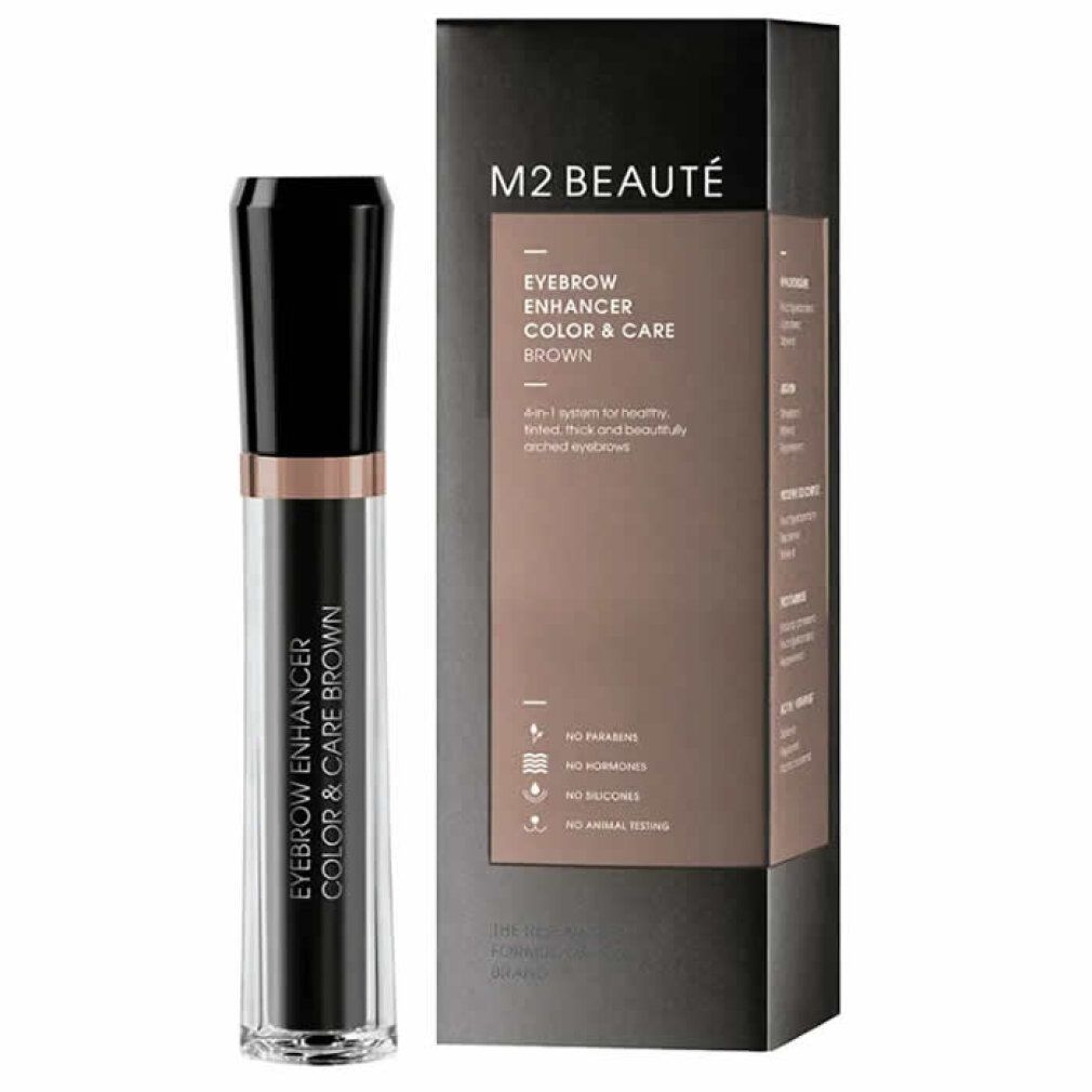 M2 Beauté Eyebrow Enhancer Color & Care Brown, Flasche und Verpackung. Schwarze Flasche, braune Schrift.