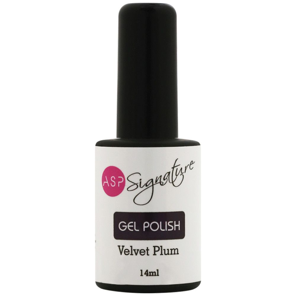 Nagellackflasche mit schwarzem Deckel. Etikett mit ASP Signature, Gel Polish, Velvet Plum, 14ml.