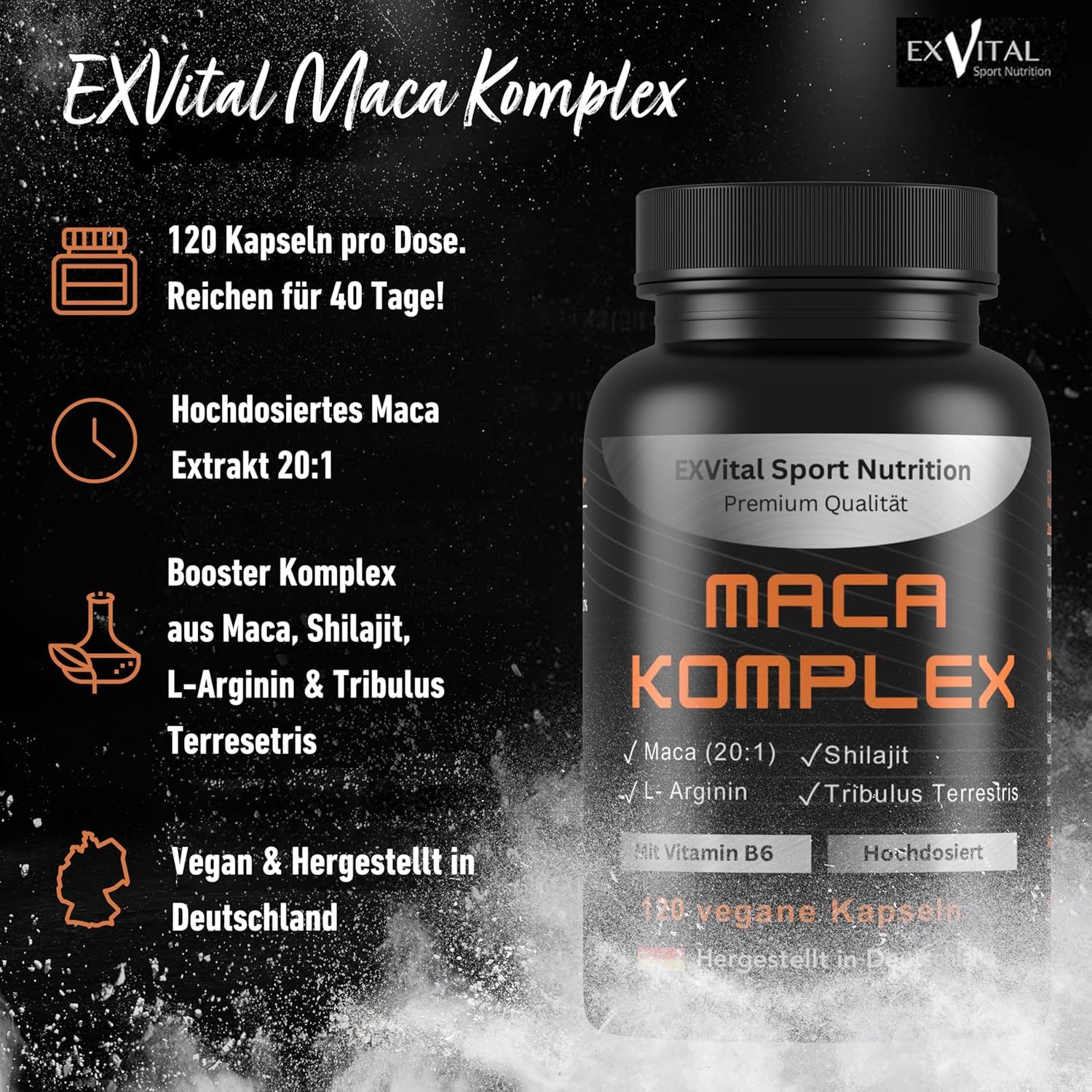 EXVital® Maca Komplex mit Tribulus terrestris, Shilajit, L-Arginin & Vitamin B