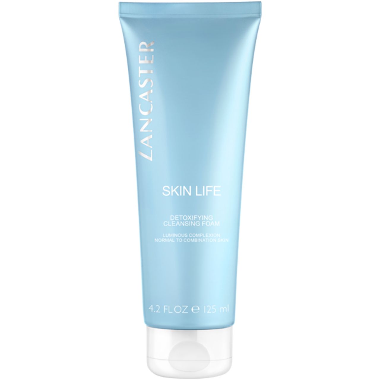 Hellblaue Tube mit weißem Verschluss. Aufschrift: Lancaster, Skin Life Detoxifying Cleansing Foam. 4.2 FL.OZ. 125 ml.