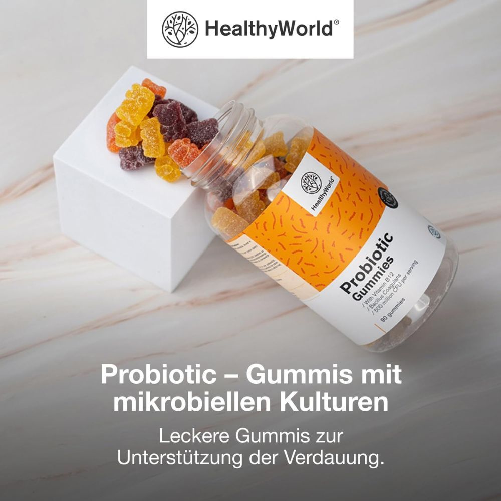 Flasche mit Produktetikett. Text: Probiotica - Gummis mit mikrobiellen Kulturen. 90 Gummibonbons. Inhaltsstoffe.