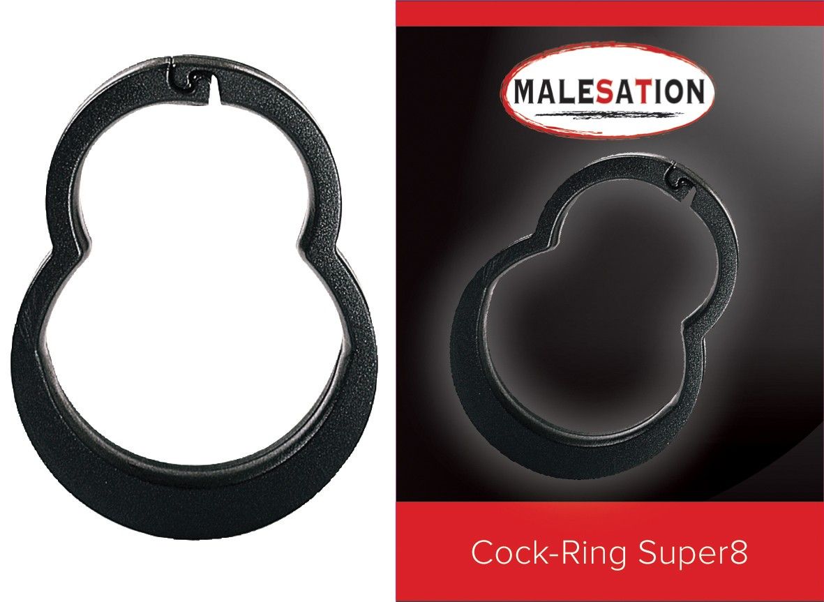 Schwarzer Cockring in Form einer Acht. MALESATION-Logo oben rechts. Produktname: Cock-Ring Super8.