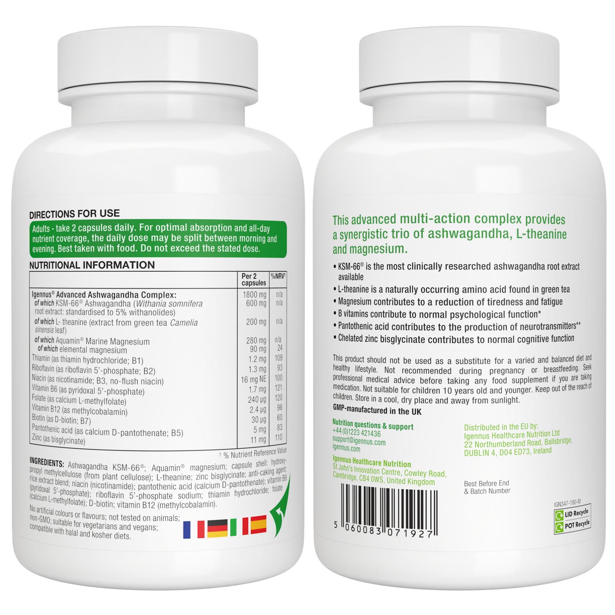 Zwei Seiten einer Flasche. Text: Igennus, Ashwagandha, L-Theanin & Magnesium. Inhaltsstoffe, Anwendungshinweise, Nährwertangaben.