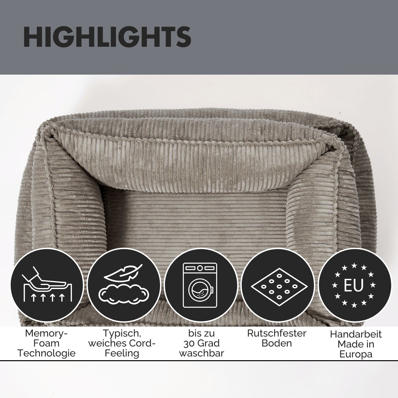Graues Hundebett mit Symbolen: Memory-Foam, weiches Cord-Feeling, waschbar, rutschfester Boden, EU-Handarbeit.