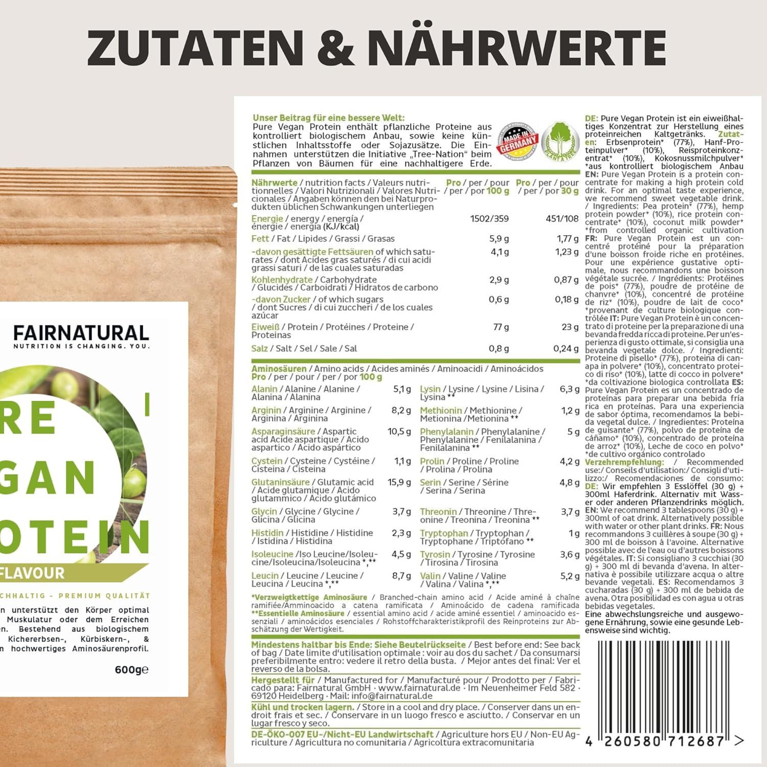 Beutel mit Bio Vegan Protein. Text: Zutaten & Nährwerte. Nährwerttabelle, Aminosäuren. 600g. Barcode.