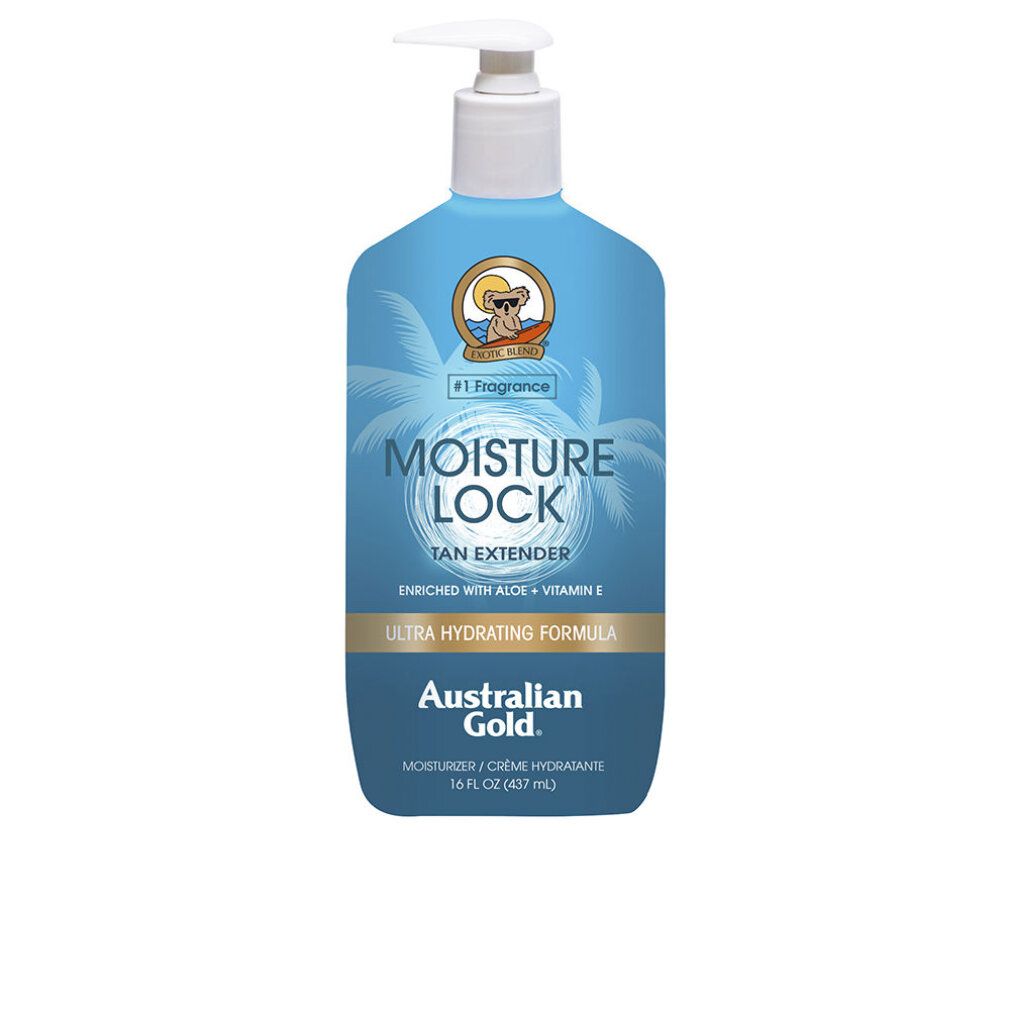Blau-türkisfarbene Flasche mit Pumpe. Aufschrift: Moisture Lock, Tan Extender, Australian Gold. Enthält Aloe und Vitamin E.