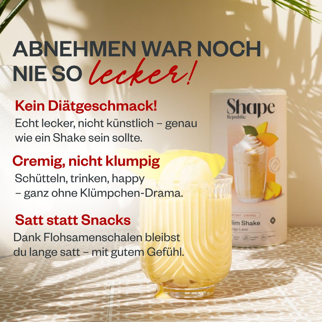 Werbetext mit Produktabbildung. Text: Abnehmen war noch nie so lecker! Kein Diätgeschmack! Cremig, nicht klumpig. Satt statt Snacks.