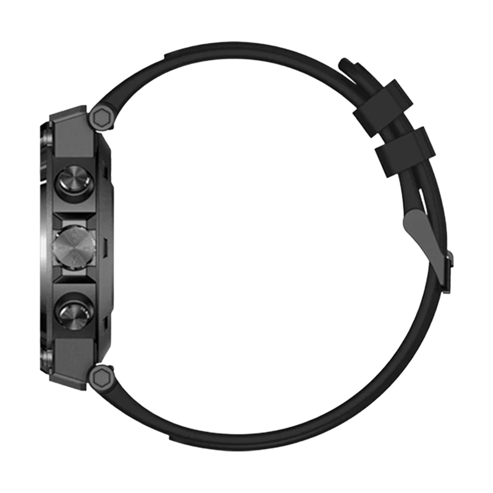 Seitenansicht einer schwarzen Smartwatch. Edelstahlgehäuse, schwarzes Armband. Knöpfe an der Seite. Runde Form.
