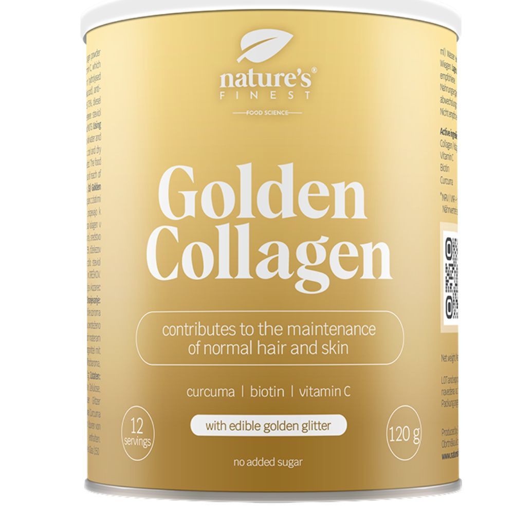 Goldener Collagen-Behälter. Enthält Curcuma, Biotin, Vitamin C. 12 Portionen, 120g. Mit essbarem Goldglitter.