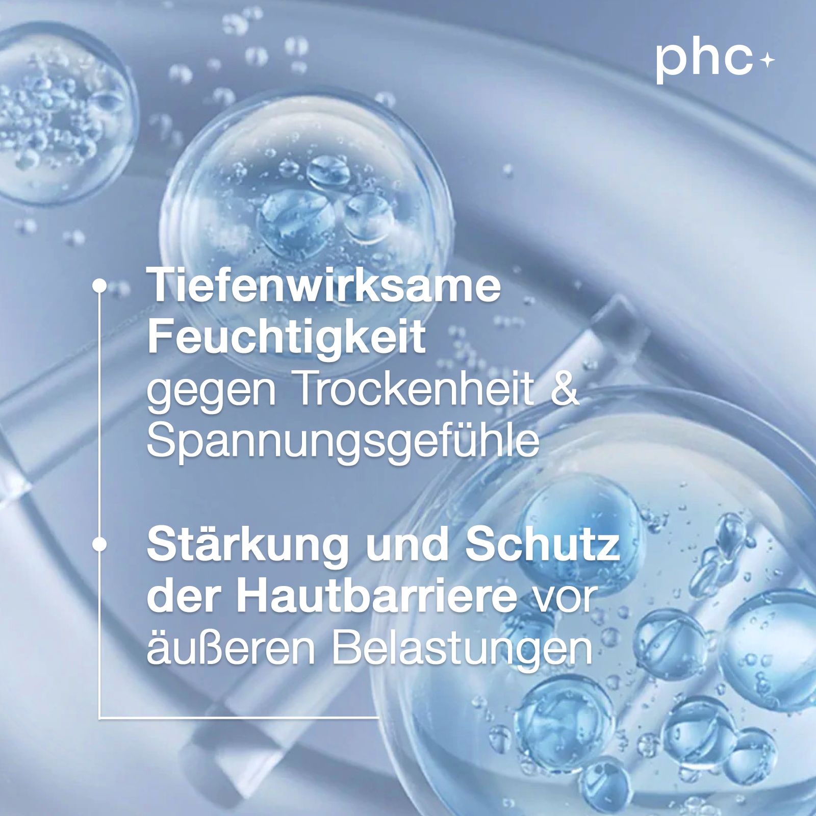 Blasen mit Flüssigkeit. Text: Tiefenwirksame Feuchtigkeit, Stärkung der Hautbarriere. Logo: phc+.