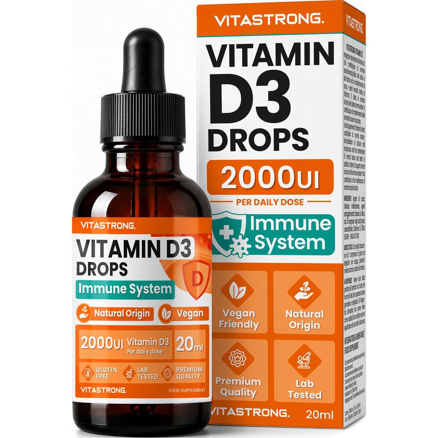 Vitastrong Vitamin D3 Tropfen 2000 I.e. pro Dosis - MCT-Öl, Zitrone, vegan 20 ml