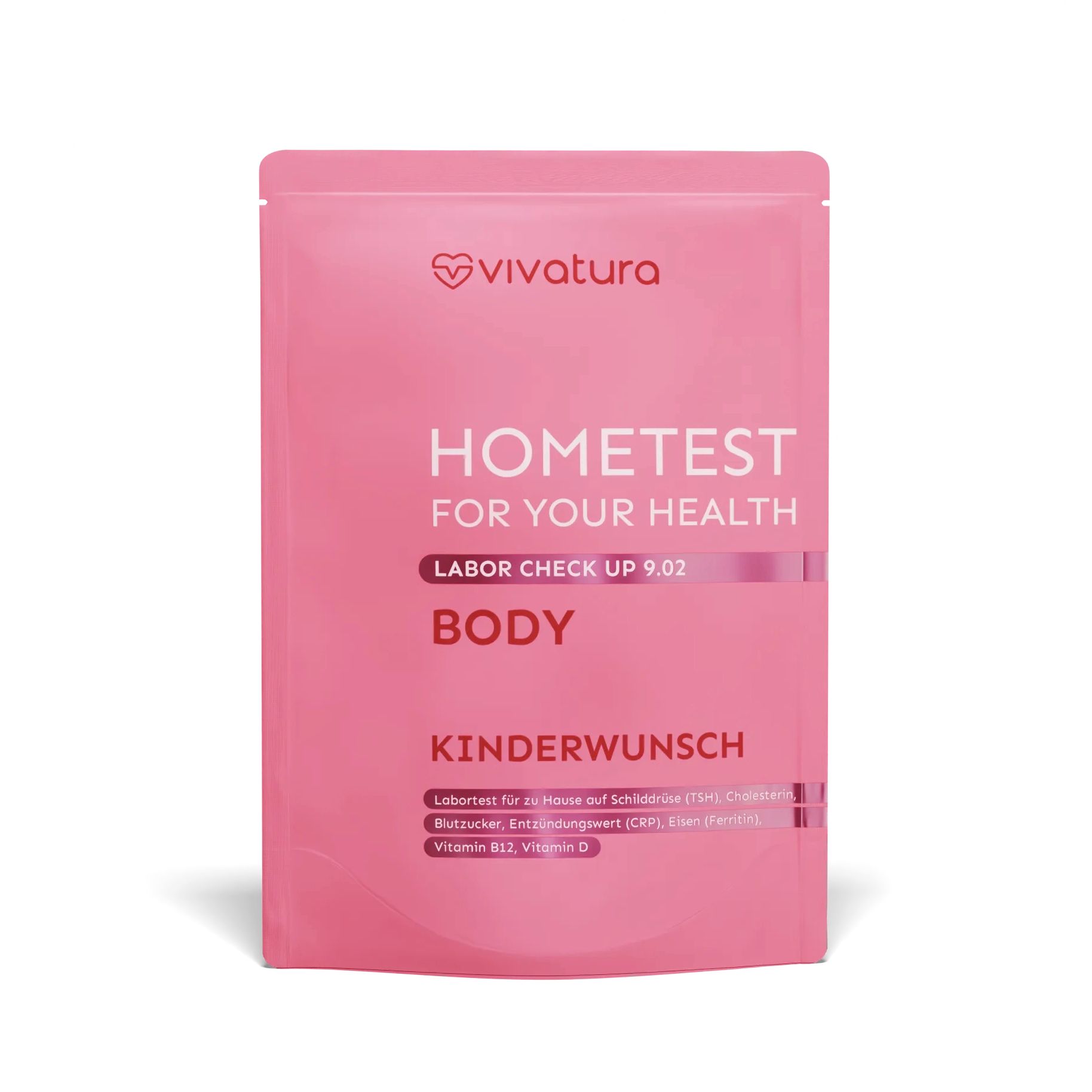 Rosa Beutel mit vivatura Logo. Aufschrift: HOMETEST FOR YOUR HEALTH, BODY, KINDERWUNSCH. Enthält Labor Check 9.02.