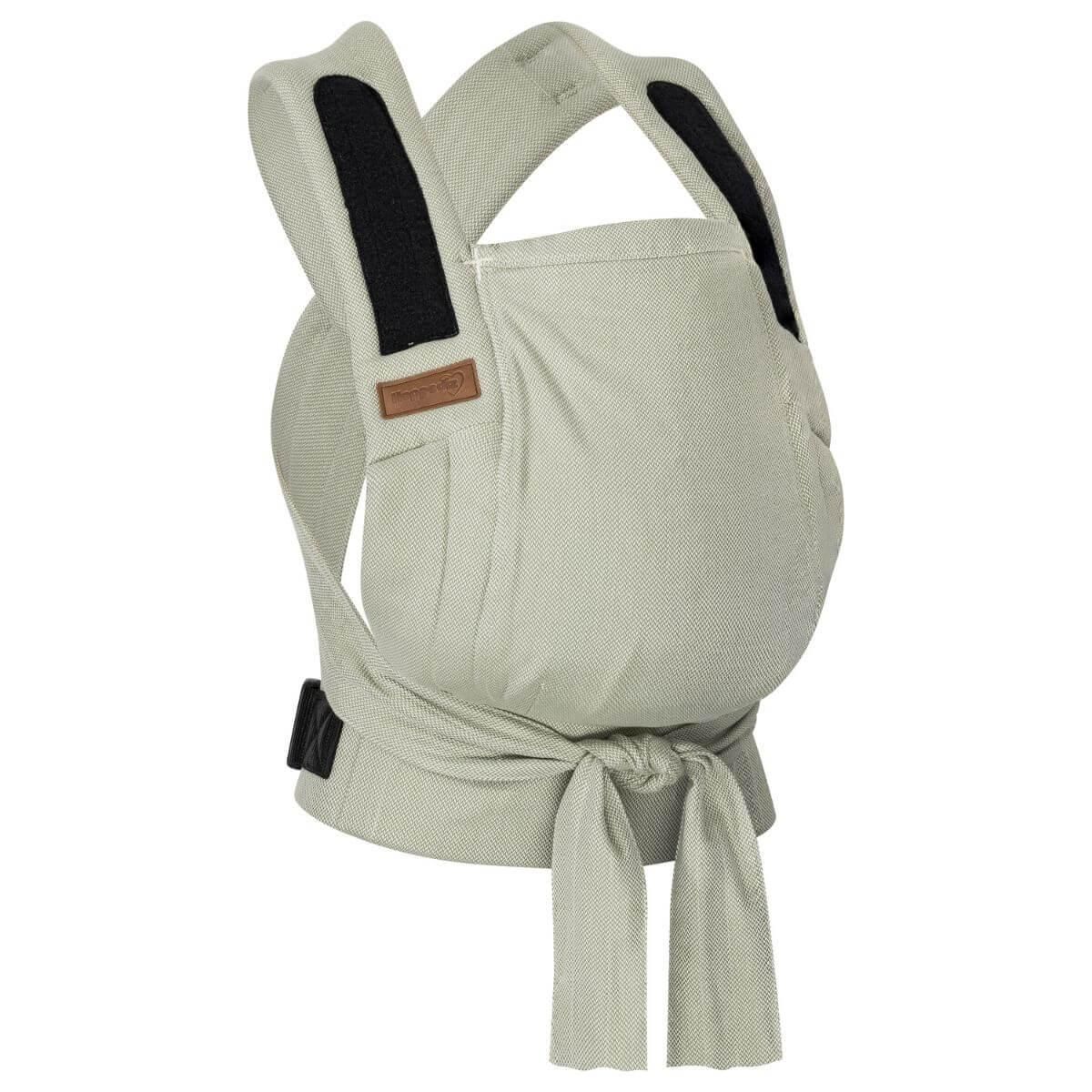 Hellgrüne Hoppediz Babytrage Bondolino b.pure. Schwarze Schultergurte und Verschluss. Braunes Label. Stoff mit feinem Muster. Bindebänder.