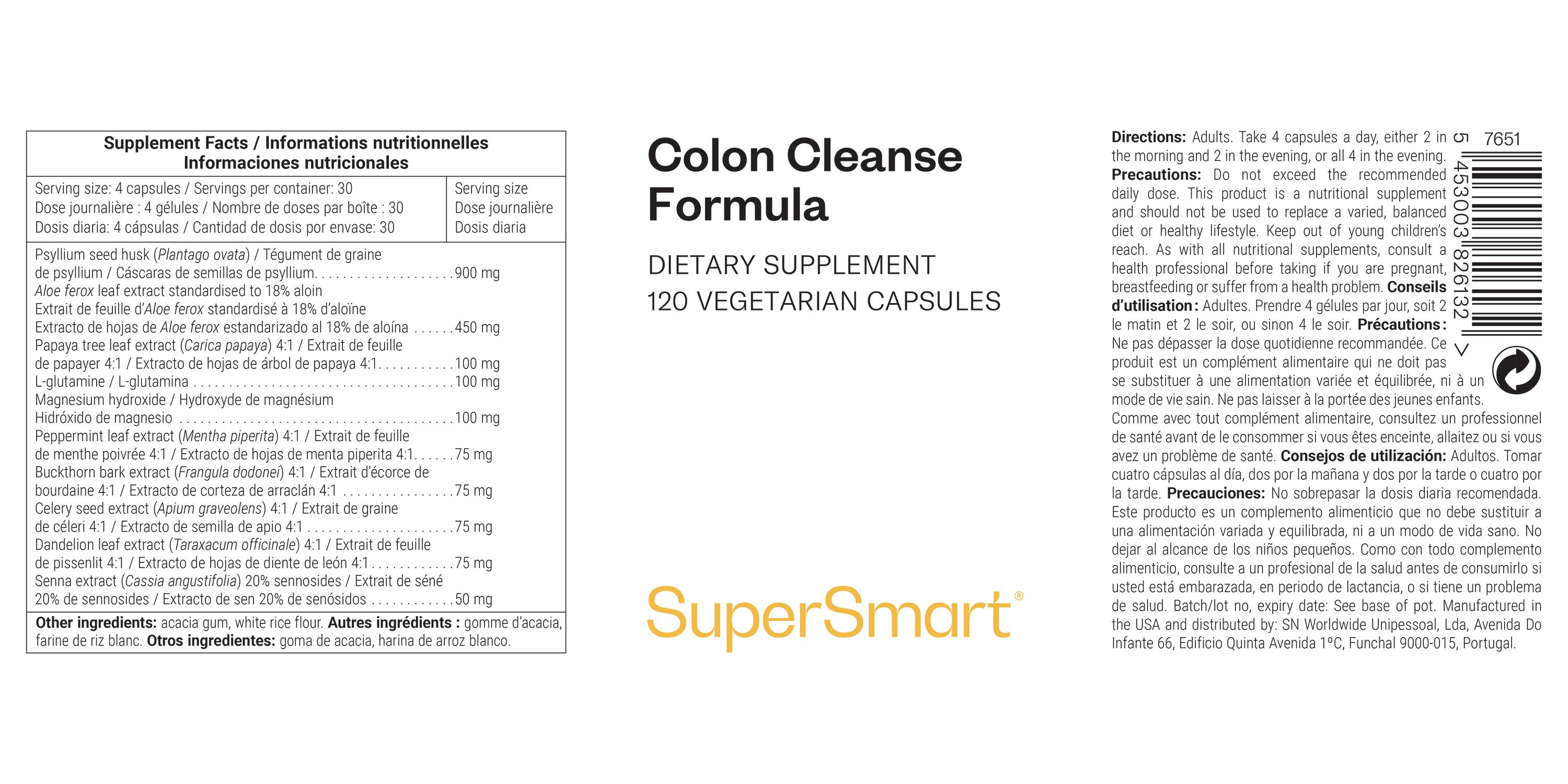 Etikett mit Informationen zu Colon Cleanse Formula. Enthält Nährwertangaben, Inhaltsstoffe und Anwendungshinweise. Marke: SuperSmart.
