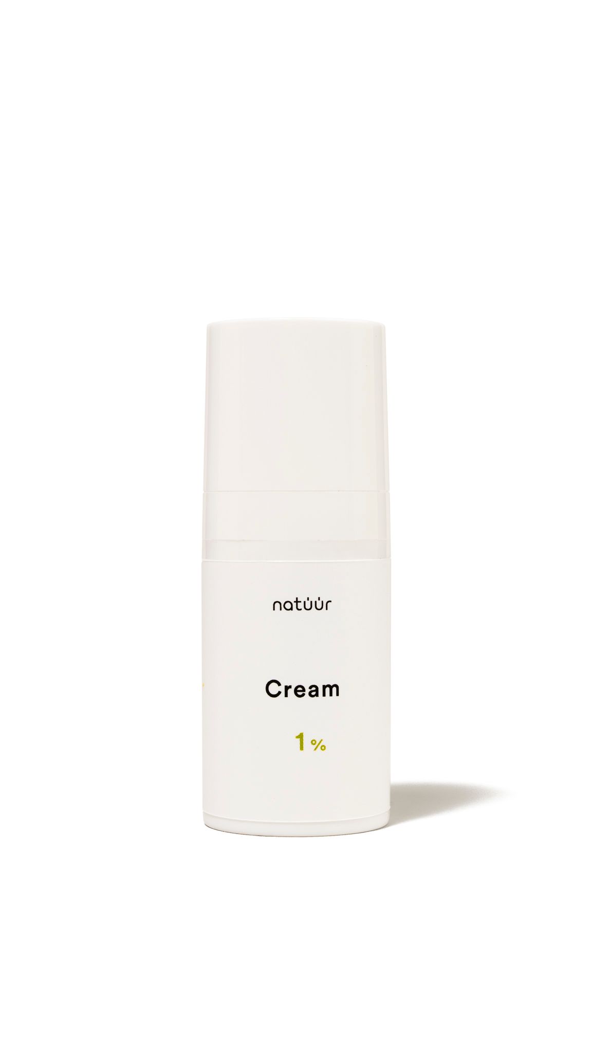 Weiße, zylindrische Creme-Flasche. Aufschrift: natüür, Cream, 1%.