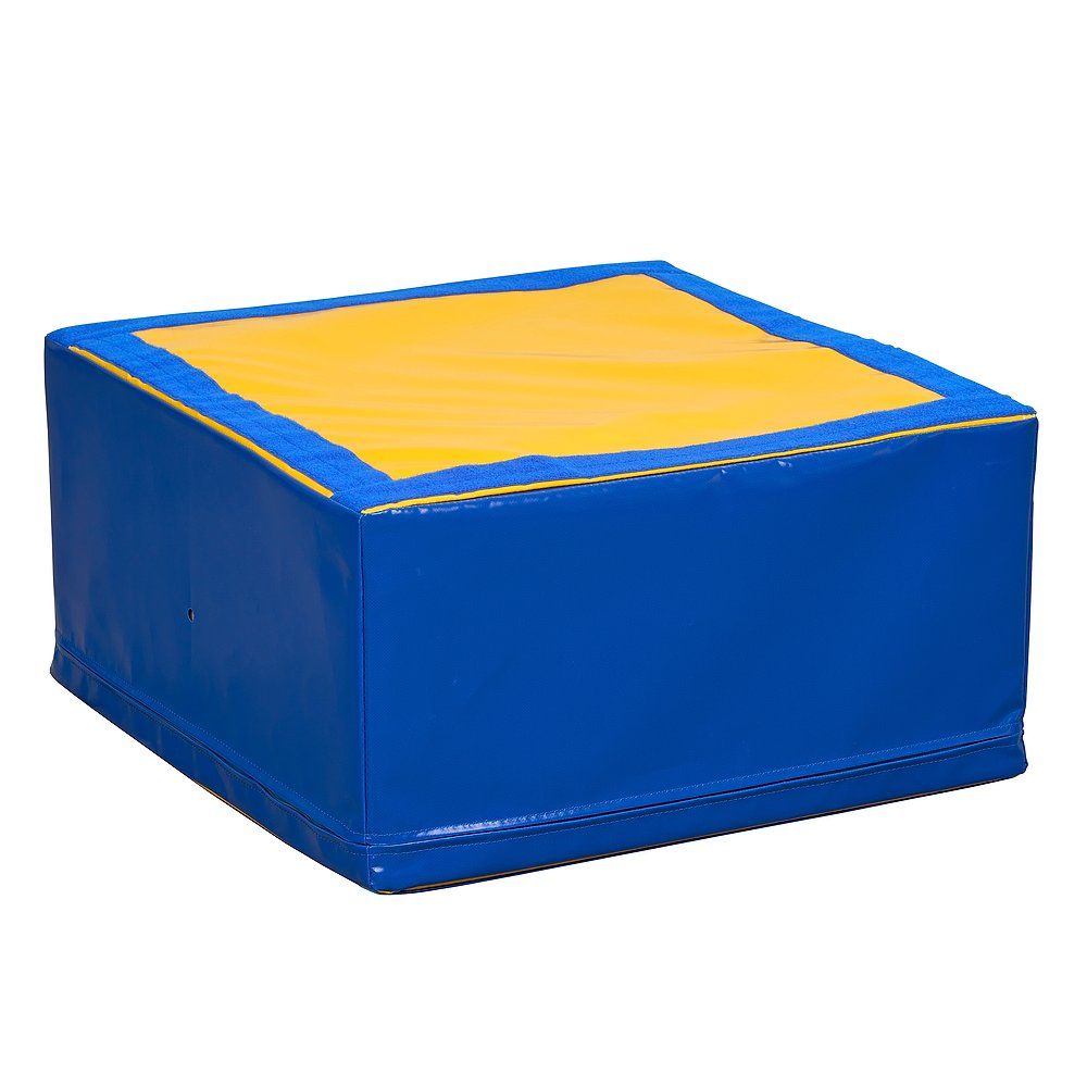 Blau-gelbes Podest. Rechteckige Form. Für Indoor-Aktivitäten.