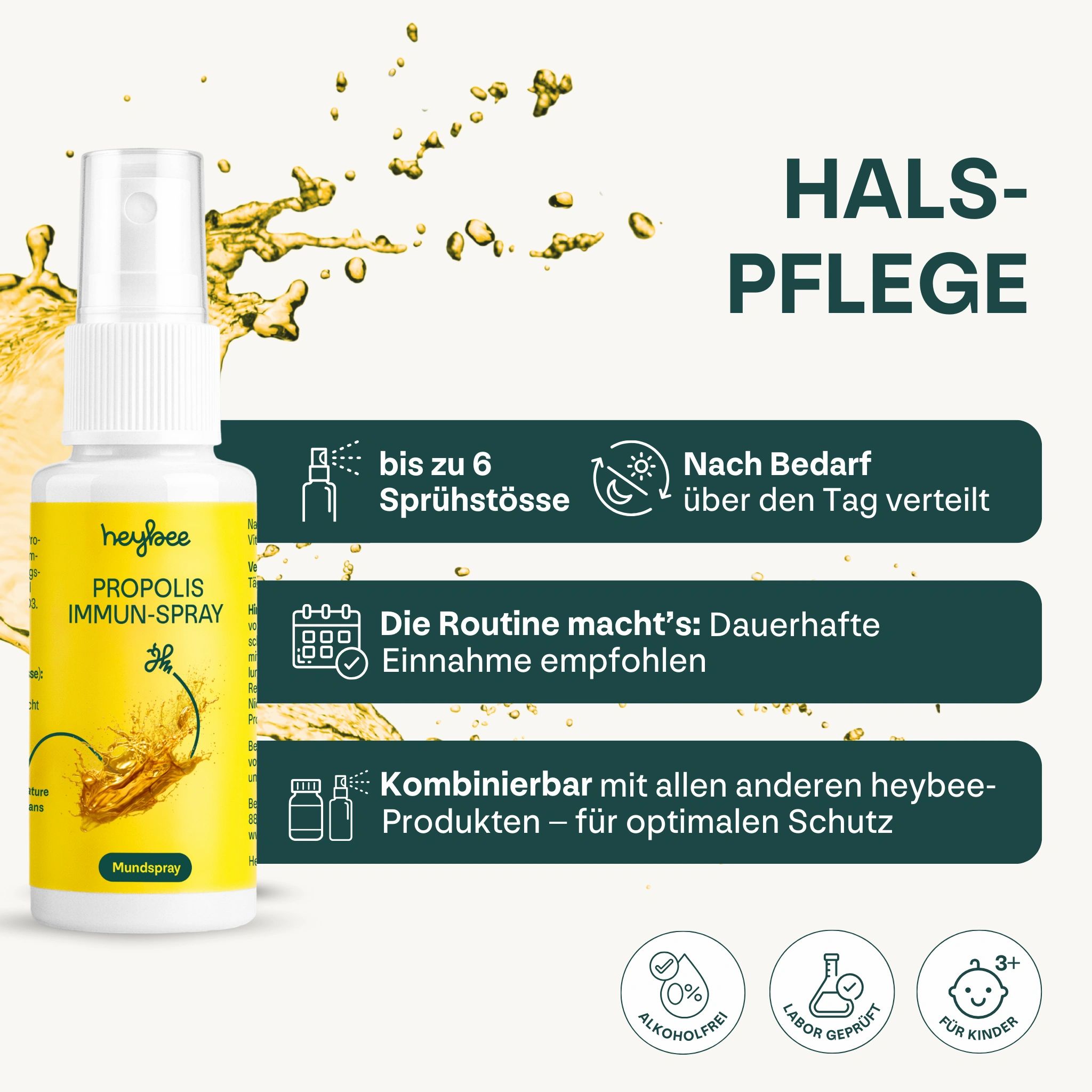 Flasche "Heybee Propolis Immun-Spray". Informationen: bis zu 6 Sprühstöße, nach Bedarf, kombinierbar mit anderen Produkten, alkoholfrei.