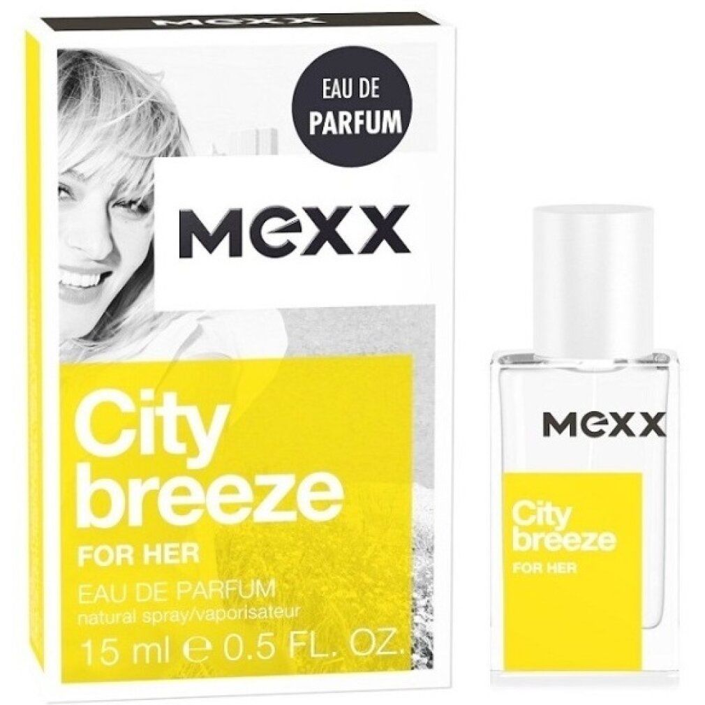 Flakon und Verpackung. Flakon: transparent, quadratisch. Verpackung: weiß, gelb. Aufschrift: MEXX, City breeze FOR HER.