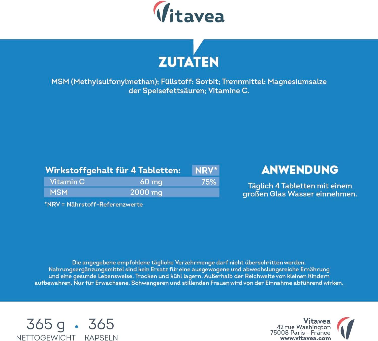 Zutatenliste: MSM, Vitamin C. Anwendung: 4 Tabletten täglich. Nährwertangaben pro 4 Tabletten.