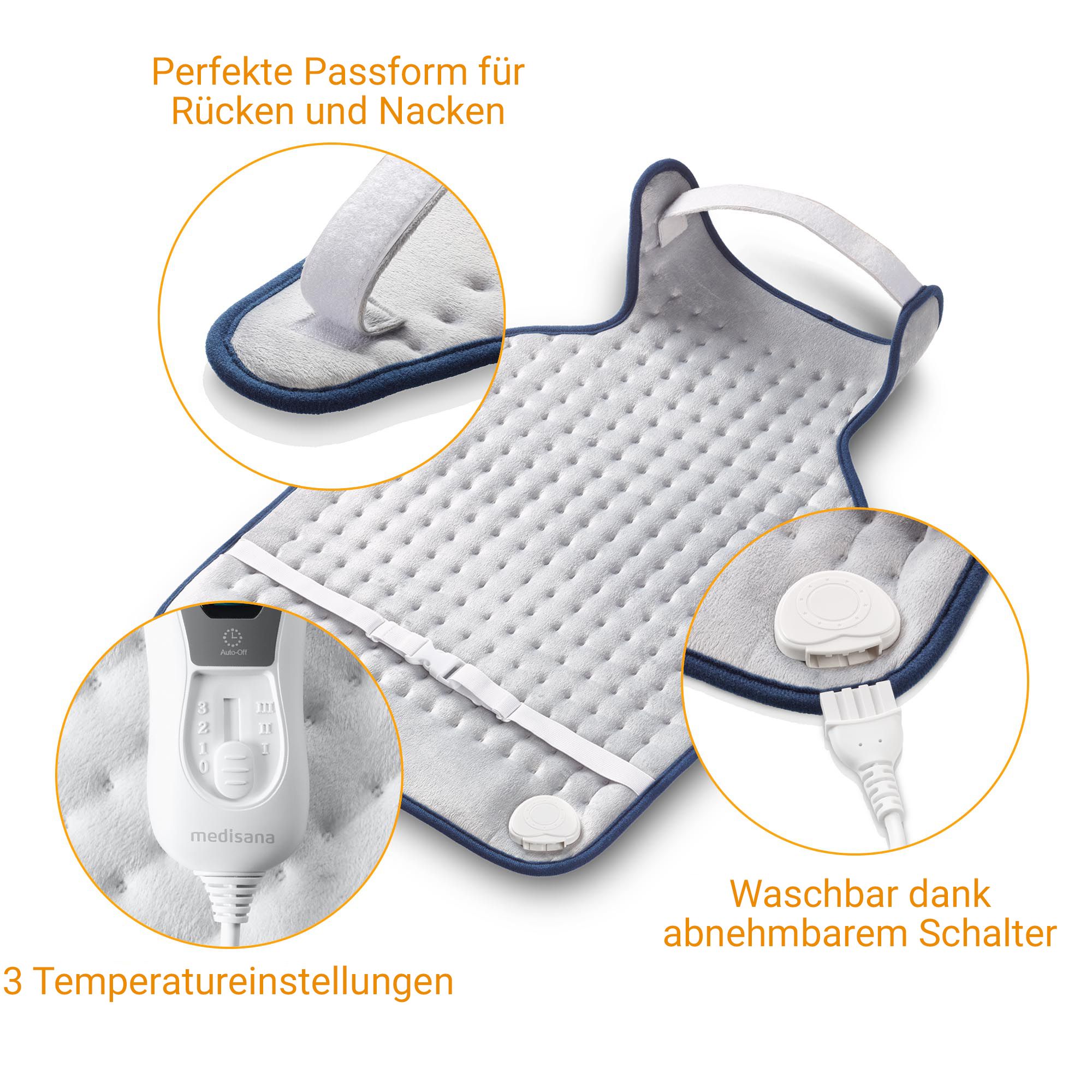 Heizkissen mit Nahaufnahmen: perfekte Passform, 3 Temperatureinstellungen, waschbar dank abnehmbarem Schalter.