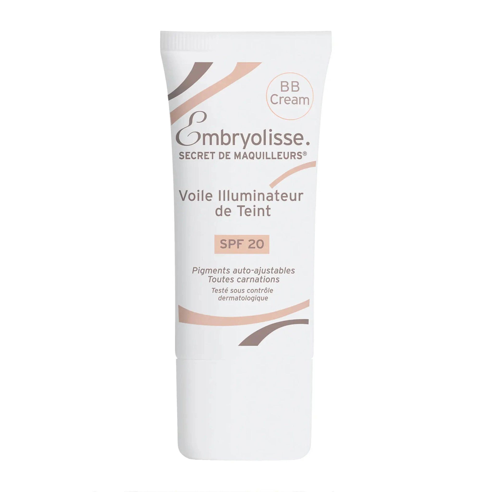 Embryolisse BB Cream, Tube mit Aufschrift 'SPF 20'. Produktname: 'Voile Illuminateur de Teint'.