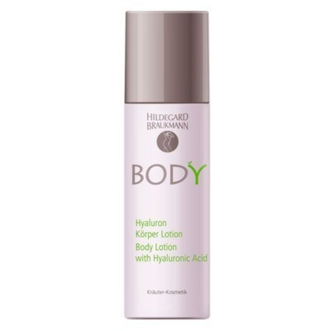 Hildegard Braukmann BODY Lotion. Rosa Flasche mit silbernem Deckel. Text: Hyaluron Körper Lotion, Body Lotion with Hyaluronic Acid.