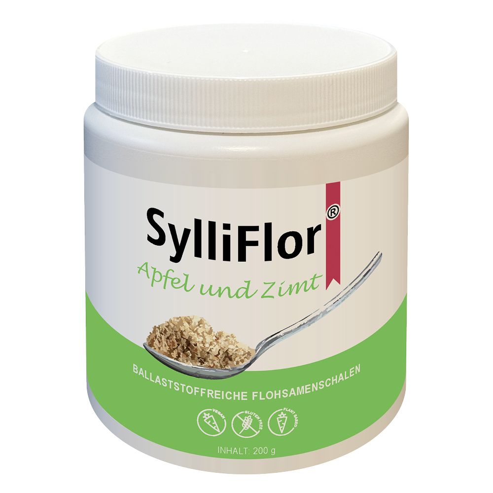 Weißes Kunststoffbehälter mit 'SylliFlor Apfel und Zimt'. Löffel mit Flohsamenschalen. Grüne Etiketten. Inhalt 200 g.