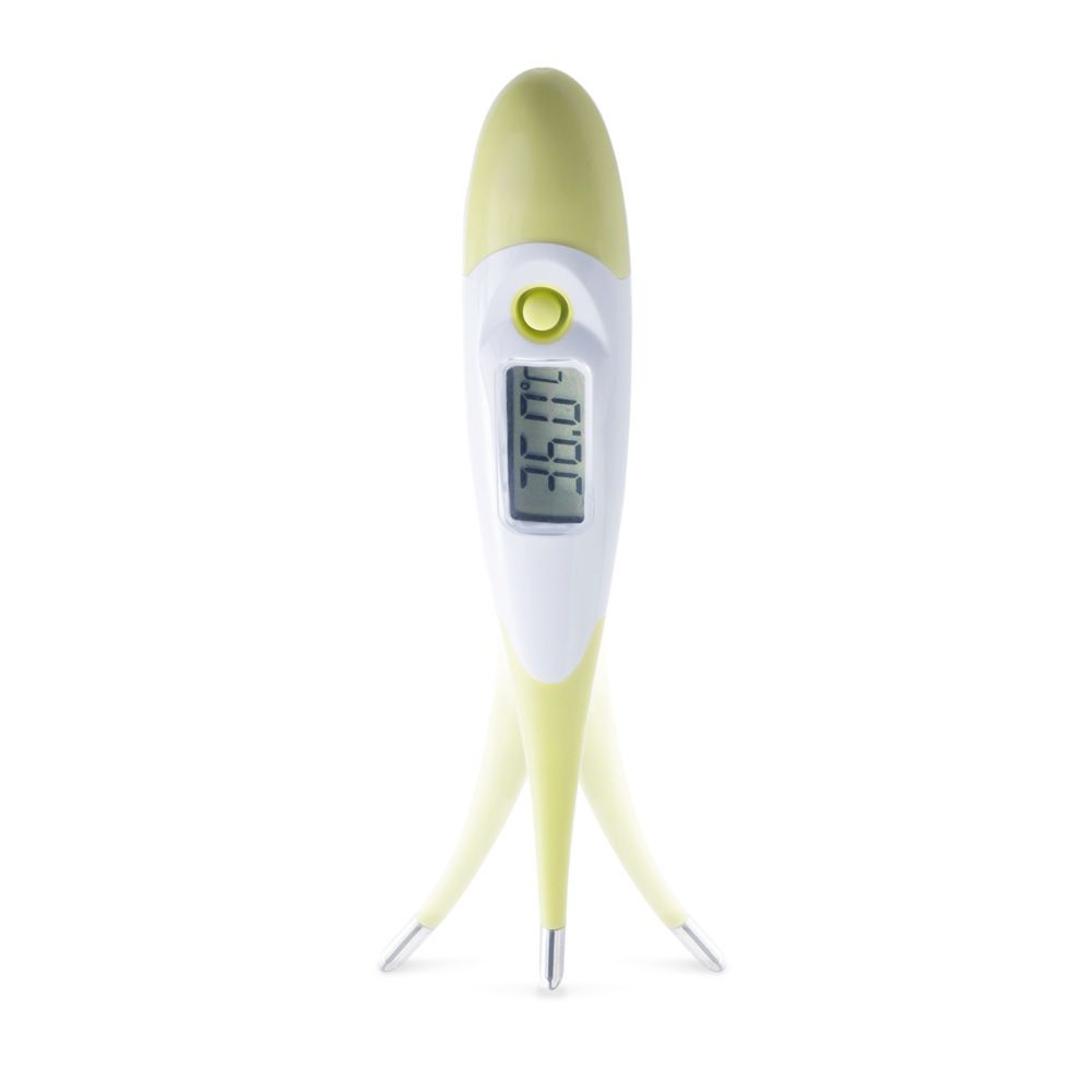 Digitales Fieberthermometer mit Display. Weiß-gelb. Zeigt 36.0°C an. Mit flexibler Spitze.