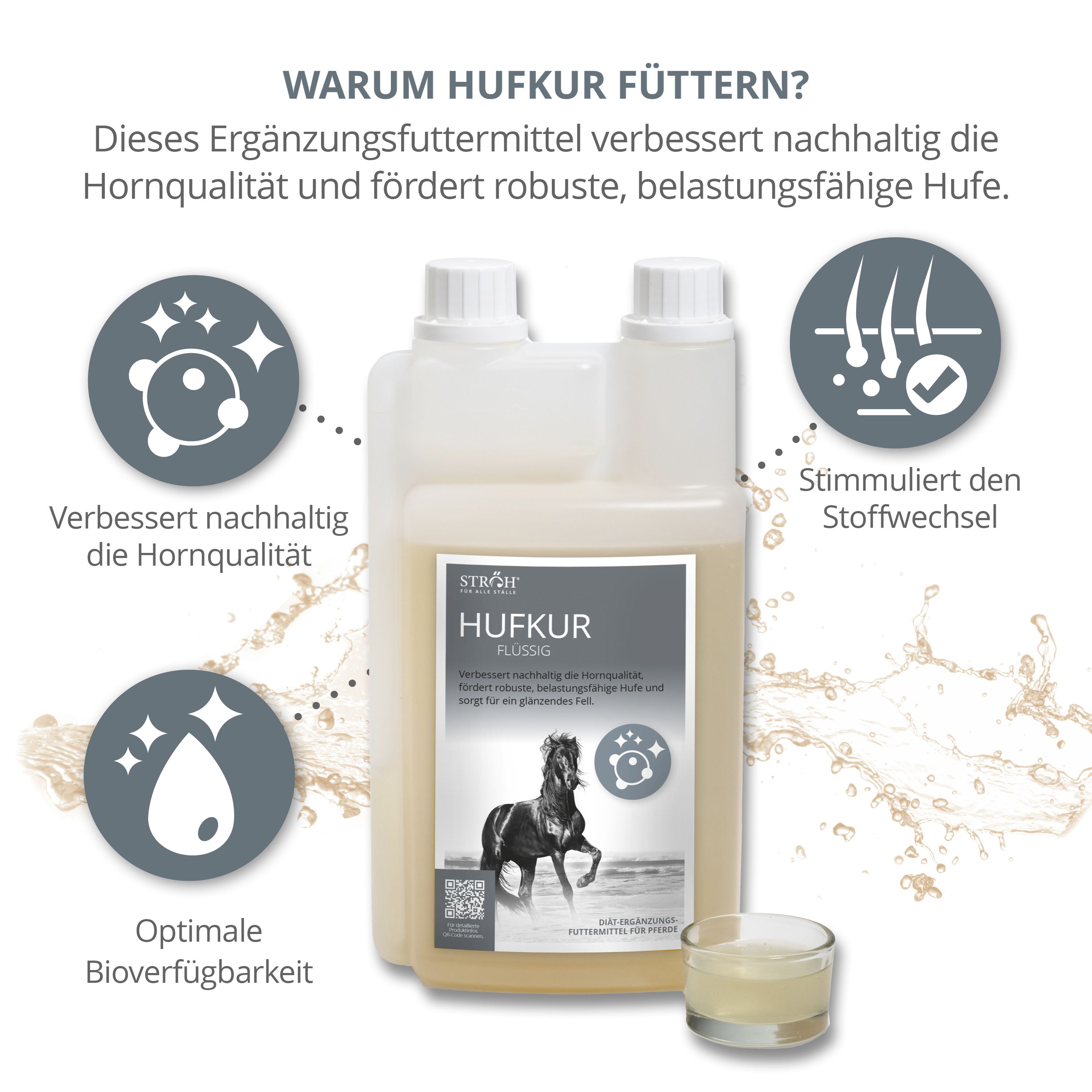 Produktflasche mit Etikett und Pferdeabbildung. Kleines Glas mit Flüssigkeit. Grafiken mit Text. Hintergrund in Beige- und Brauntönen.