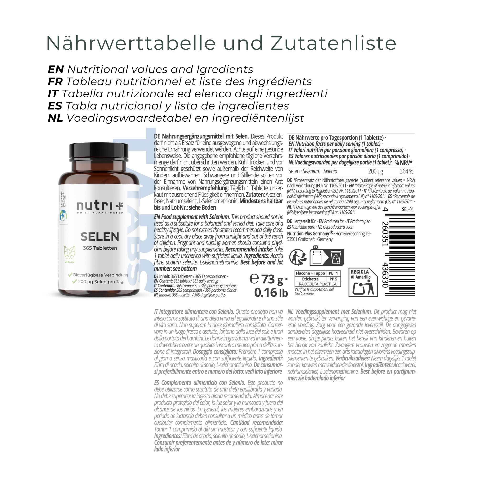 Etikett mit Produktinformationen. Aufschrift: nutri+ SELEN. 180 Tabletten. Nährwerttabelle und Zutatenliste.