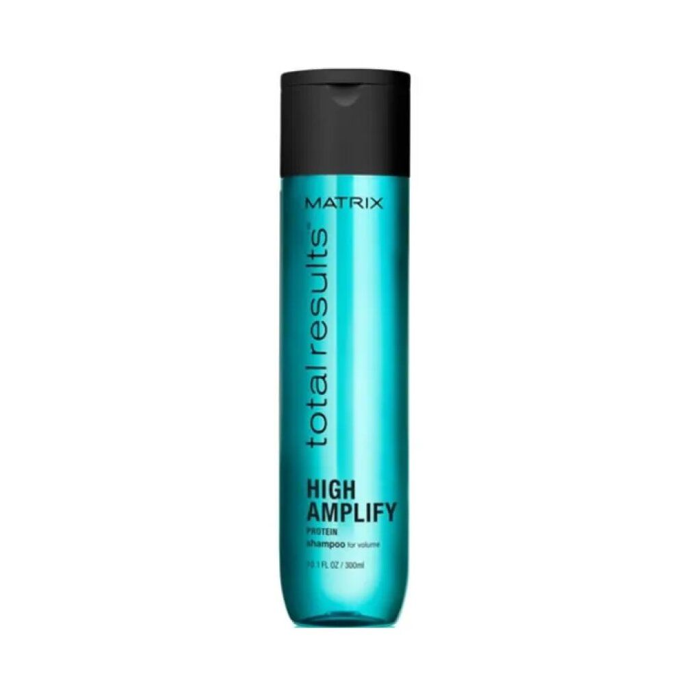 Blau-transparente Shampoo-Flasche mit schwarzem Deckel. Aufschrift: Matrix, total results, High Amplify.