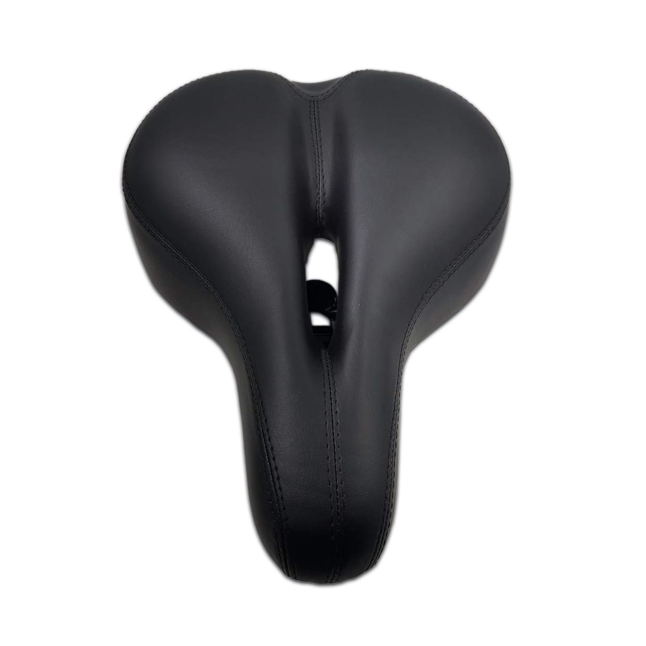 Schwarzer Fahrradsattel mit Aussparung in der Mitte. Gepolstert. Ergonomische Form.