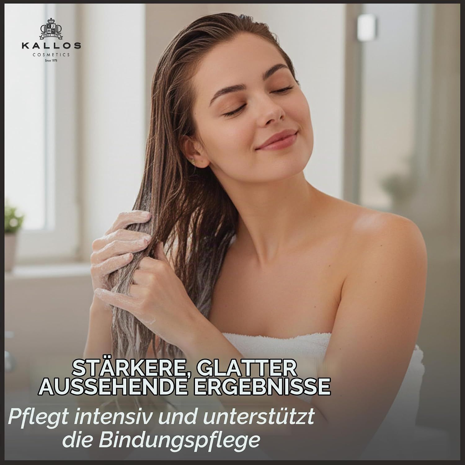 Frau mit nassen Haaren, die eine Haarkur aufträgt, für stärkere, glattere Ergebnisse.