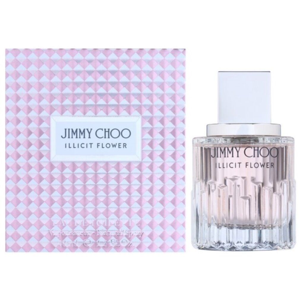 Jimmy Choo Illicit Flower Eau de Toilette Spray. Flakon und Verpackung. Rosa Flüssigkeit, silberner Deckel. Verpackung mit geometrischem Muster.