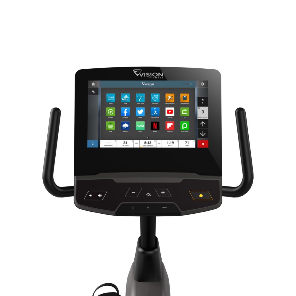 Digitales Display mit Touchscreen. Vision Fitness Logo. Verschiedene App-Icons. Schwarze Bedienelemente unterhalb des Bildschirms.