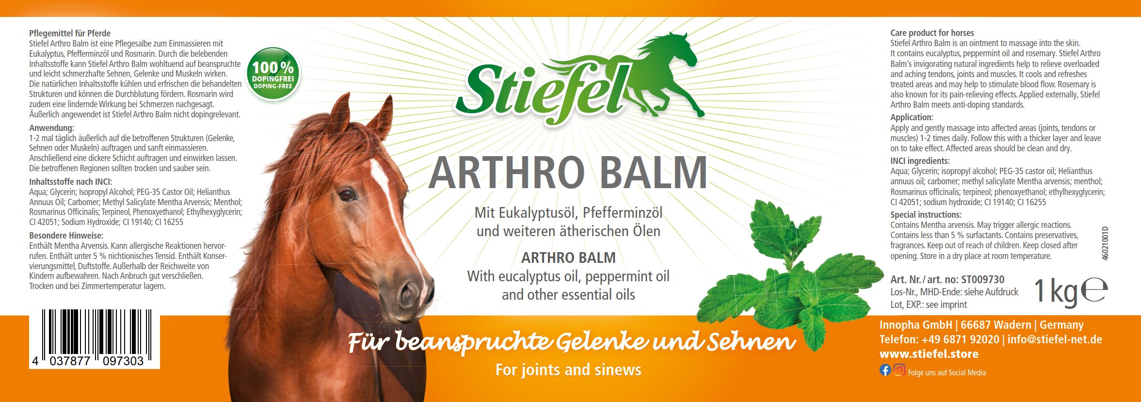 Etikett mit Produktname "Arthro Balm", Pferd-Illustration, grüne Blätter, Text in Deutsch und Englisch. 1kg.
