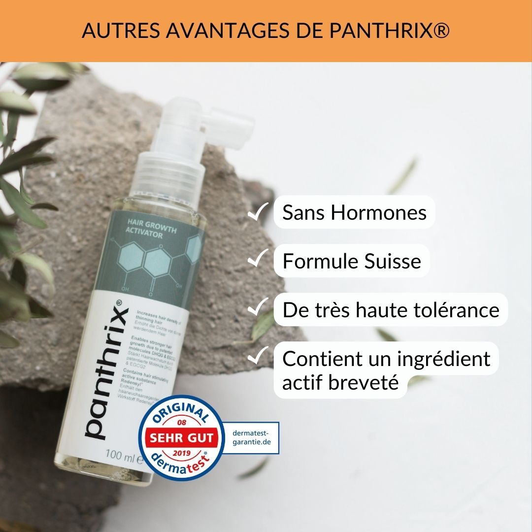 Flacon de produit sur une pierre. Texte : Autres avantages de Panthrix. Sans hormones, formule suisse, très bien toléré.