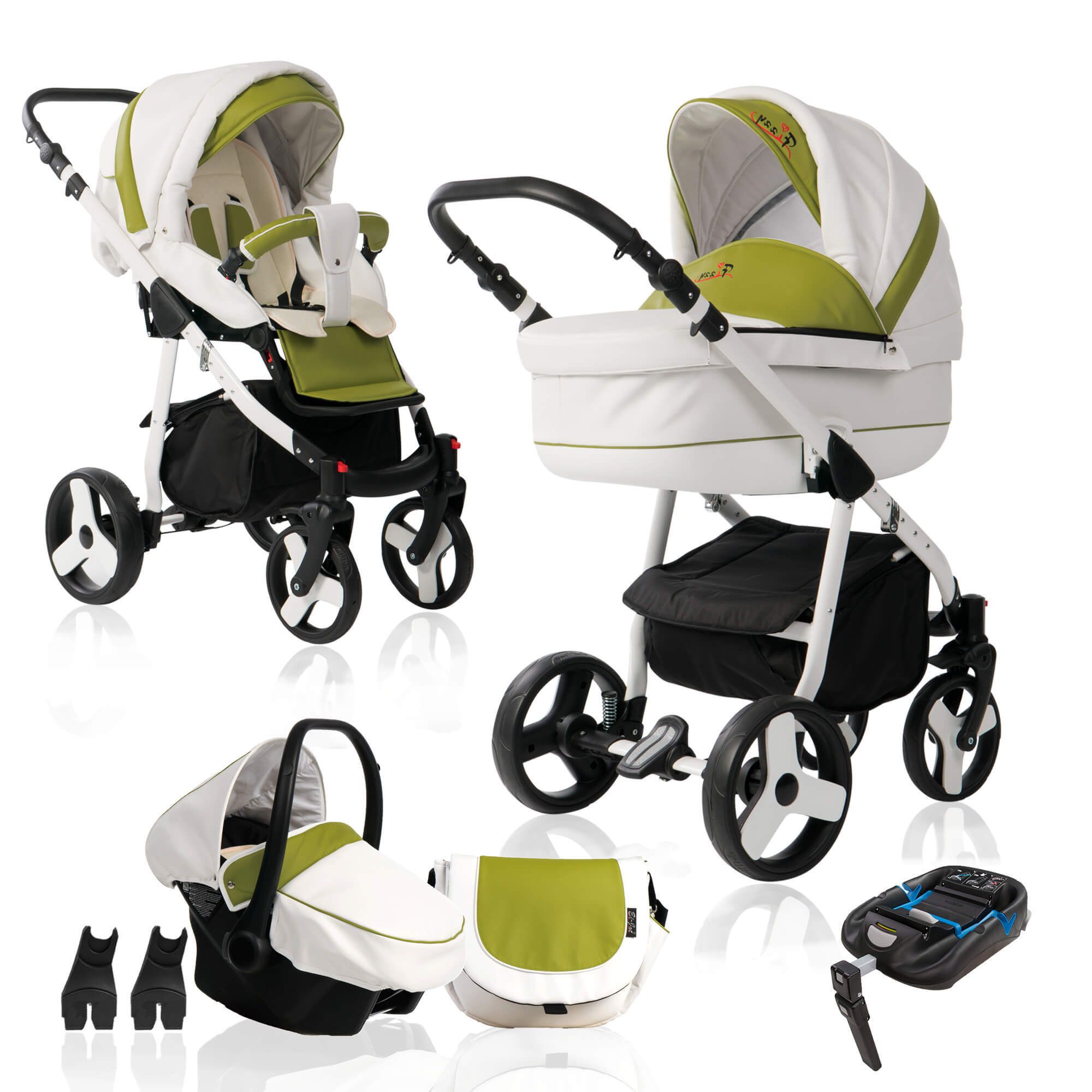 Bebebi Fizzy 4 in 1 Kinderwagen Komplettset ISOFIX Basis Hartgummireifen, Avocado