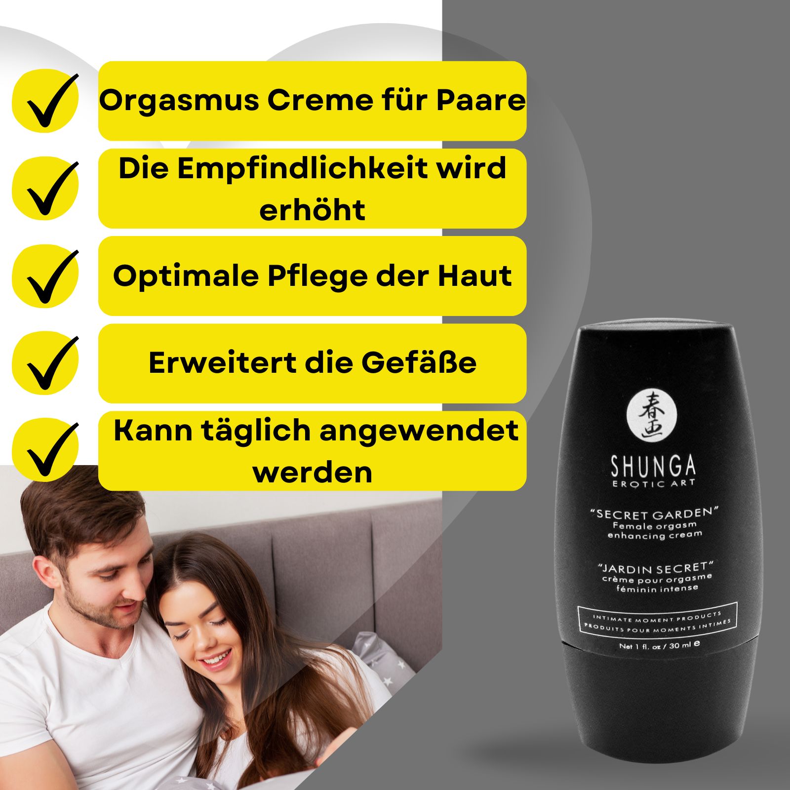 Produktflasche und Text. "Shunga Erotic Art" und "Secret Garden". 1 fl. oz / 30 ml.